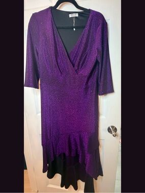 Women’s Purple Sparkle V-Neck Soft Stretch Ruffle Hem Dress